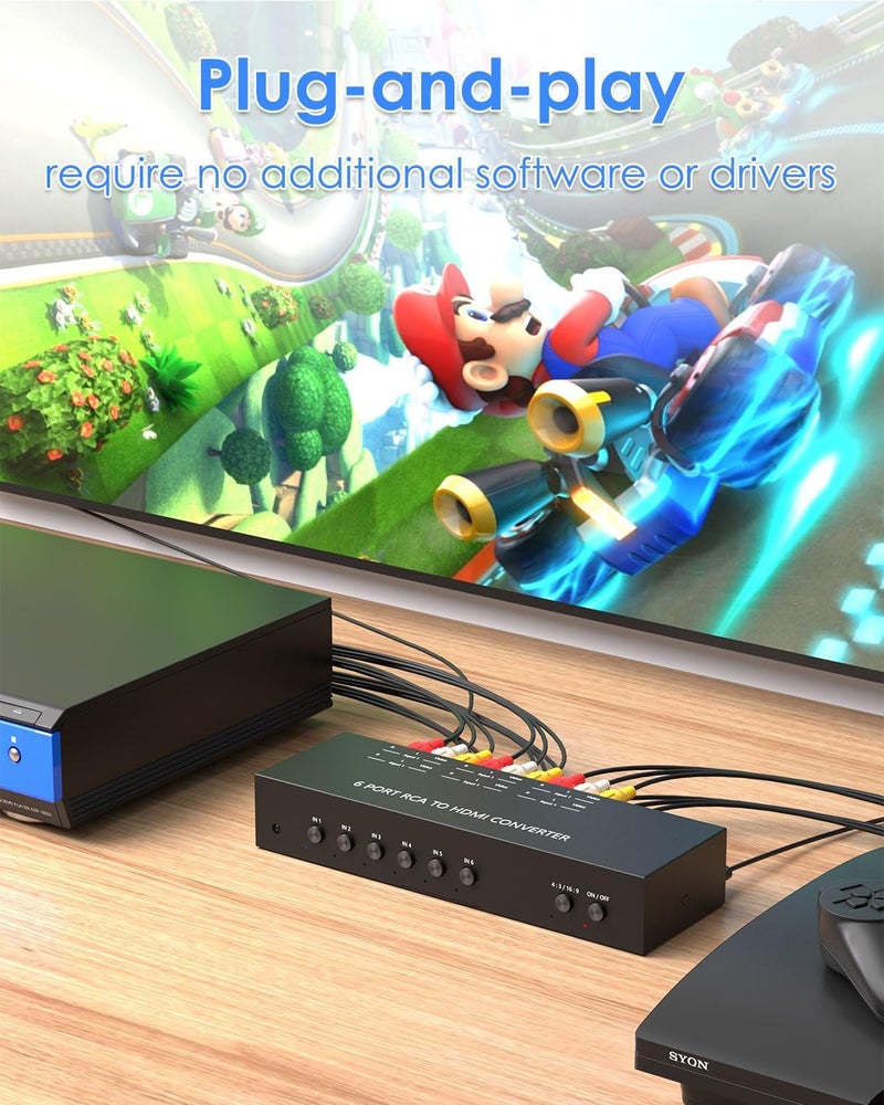 OseTub 8 Port RCA to HDMI Converter, Dual AV to HDMI Converter Supports 16:9/4:3 Composite to HD MI Adapter Support 1080P PAL/NTSC Compatible with Sega/Xbox/PS1/PS2/PS3/WII/N64/VHS, VCRs, and DVD Players - Image 5